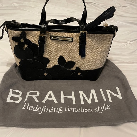Brahmin mini Asher black and straw purse - Picture 1 of 8